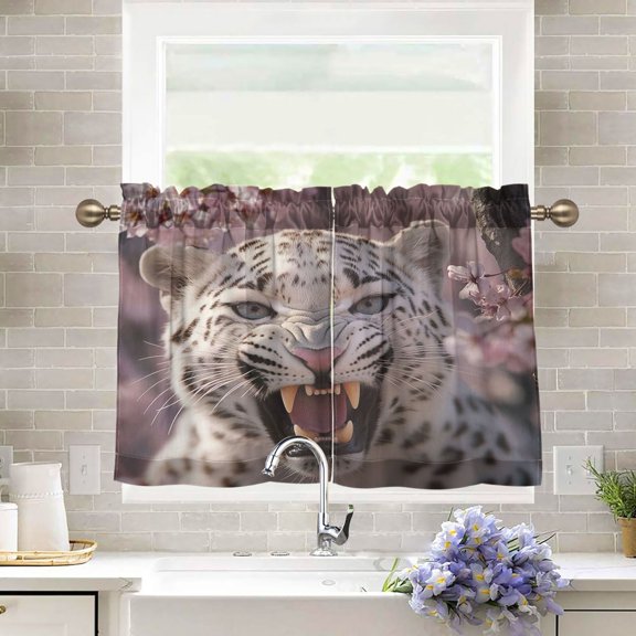 BZSMCE Set of 2 Pieces Kitchen Window Curtain Fashion Snow Leopard in Bloom Printed 27x24in/27x36in