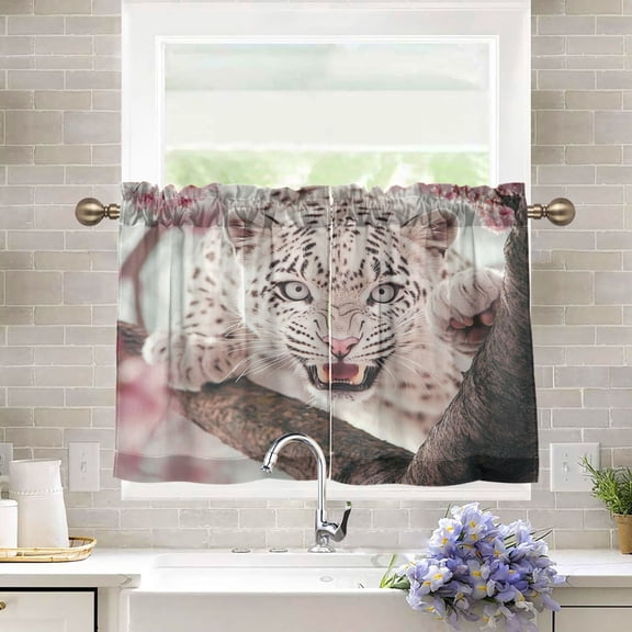 BZSMCE Set of 2 Pieces Kitchen Window Curtain Fashion Snow Leopard in Bloom Printed 27x24in/27x36in