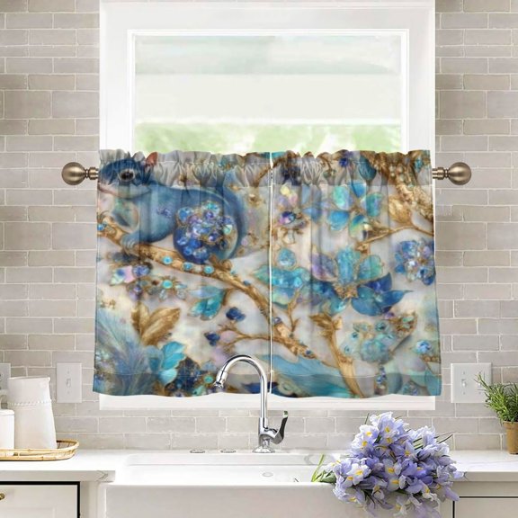 BZSMCE Set of 2 Pieces Kitchen Window Curtain Fashion Sparkle Blue Squirrel Pattern 27x24in/27x36in