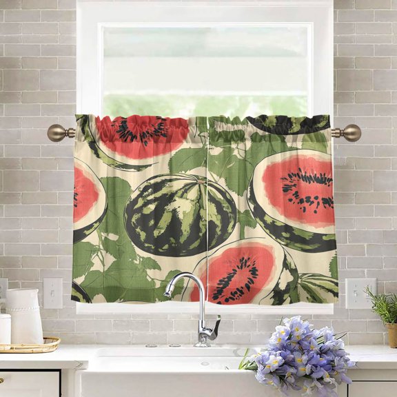 BZSMCE Set of 2 Pieces Kitchen Window Curtain Fashion Summer Delight: Watermelon Medley Printed 27x24in/27x36in