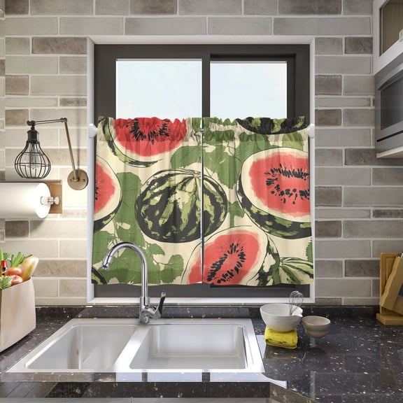 BZSMCE Set of 2 Pieces Kitchen Window Curtain Fashion Summer Delight: Watermelon Medley Printed 27x24in/27x36in