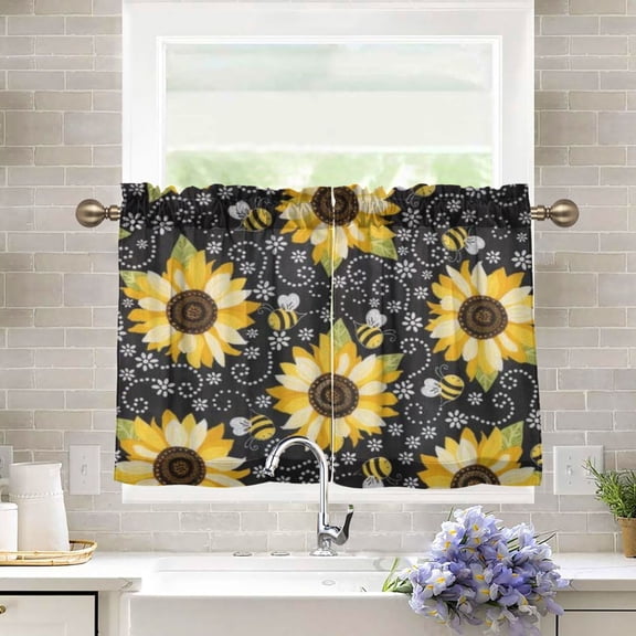 BZSMCE Set of 2 Pieces Kitchen Window Curtain Fashion Sunflower Bee Noir Pattern 27x24in/27x36in