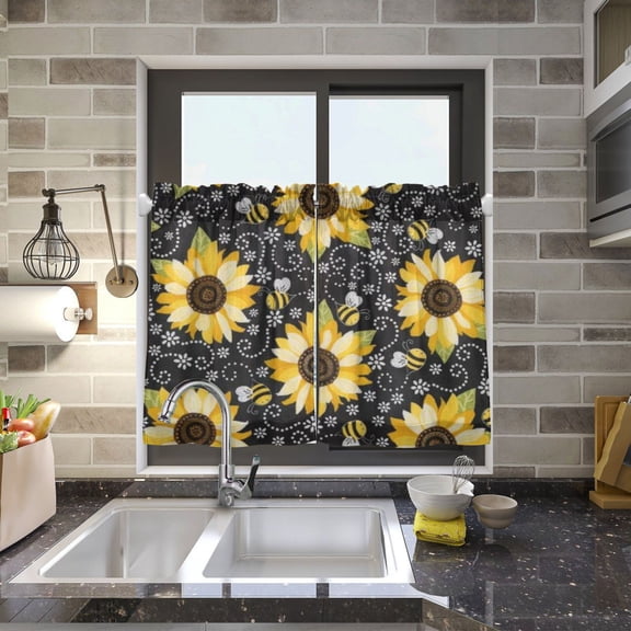 BZSMCE Set of 2 Pieces Kitchen Window Curtain Fashion Sunflower Bee Noir Pattern 27x24in/27x36in