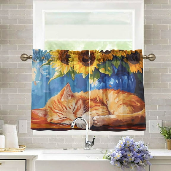 BZSMCE Set of 2 Pieces Kitchen Window Curtain Fashion Sunflower Dreams Printed 27x24in/27x36in