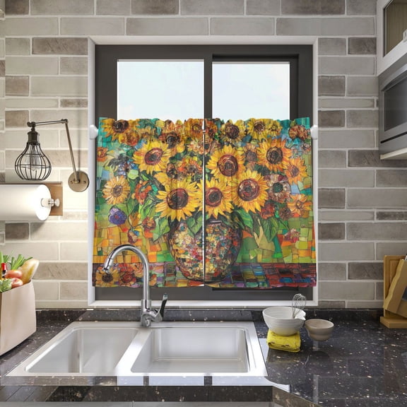 BZSMCE Set of 2 Pieces Kitchen Window Curtain Fashion Sunflower Symphony Printed 27x24in/27x36in