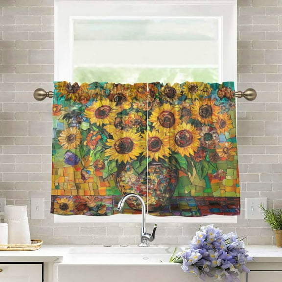 BZSMCE Set of 2 Pieces Kitchen Window Curtain Fashion Sunflower Symphony Printed 27x24in/27x36in