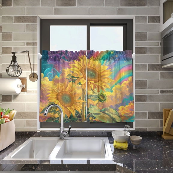 BZSMCE Set of 2 Pieces Kitchen Window Curtain Fashion Sunflowers in Cosmic Dream Printed 27x24in/27x36in
