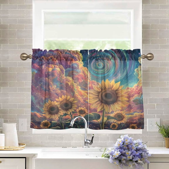 BZSMCE Set of 2 Pieces Kitchen Window Curtain Fashion Sunflowers under A Cosmic Sky Printed 27x24in/27x36in