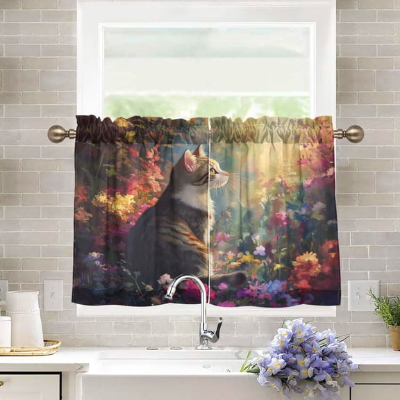 BZSMCE Set of 2 Pieces Kitchen Window Curtain Fashion Sunlit Garden Companion Printed 27x24in/27x36in