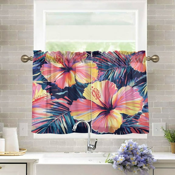 BZSMCE Set of 2 Pieces Kitchen Window Curtain Fashion Sunset Hibiscus Printed 27x24in/27x36in