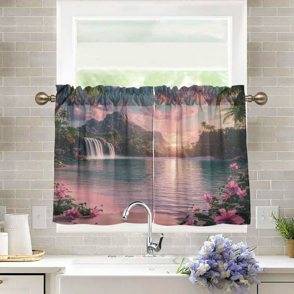 BZSMCE Set of 2 Pieces Kitchen Window Curtain Fashion Sunset Serenity Printed 27x24in/27x36in