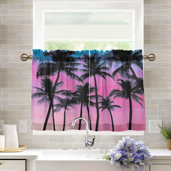 BZSMCE Set of 2 Pieces Kitchen Window Curtain Fashion Sunset Silhouette Printed 27x24in/27x36in