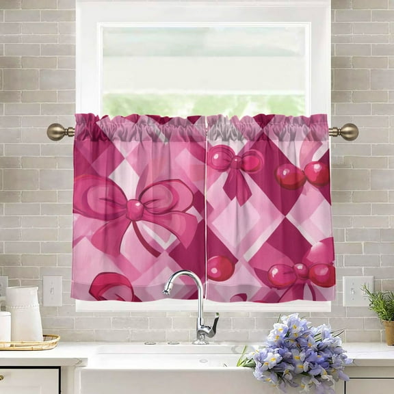 BZSMCE Set of 2 Pieces Kitchen Window Curtain Fashion Sweet Bow Ties Printed 27x24in/27x36in