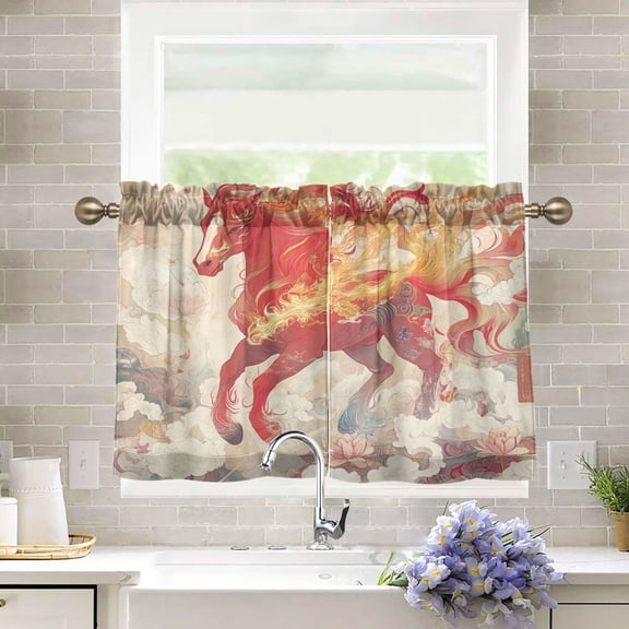 BZSMCE Set of 2 Pieces Kitchen Window Curtain Fashion The Horse Of Flames Printed 27x24in/27x36in