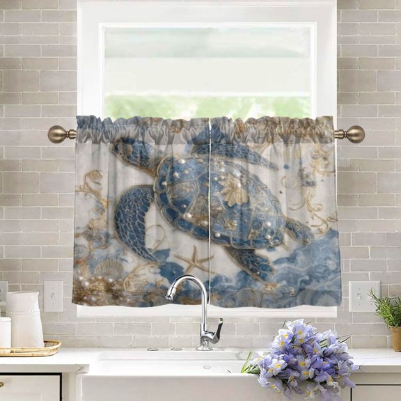 BZSMCE Set of 2 Pieces Kitchen Window Curtain Fashion Tide-turtle Pattern 27x24in/27x36in