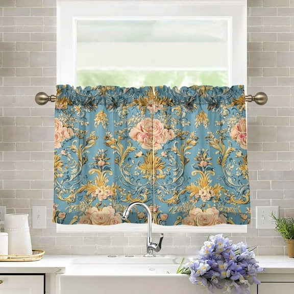 BZSMCE Set of 2 Pieces Kitchen Window Curtain Fashion Timeless Beauty: Floral Damask Printed 27x24in/27x36in