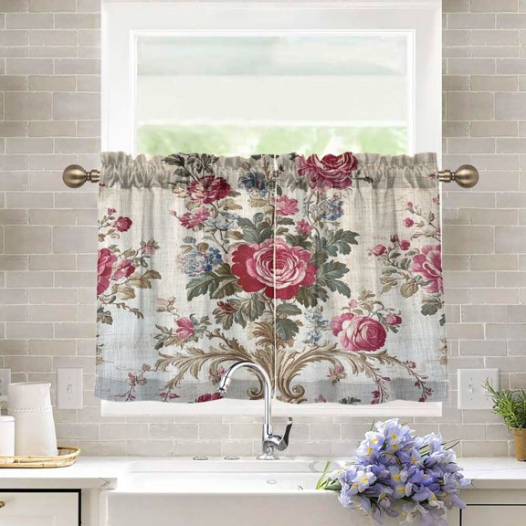 BZSMCE Set of 2 Pieces Kitchen Window Curtain Fashion Timeless Floral Elegance Printed 27x24in/27x36in