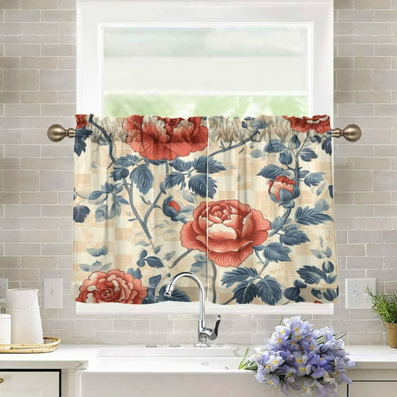 BZSMCE Set of 2 Pieces Kitchen Window Curtain Fashion Timeless Rose Garden Printed 27x24in/27x36in