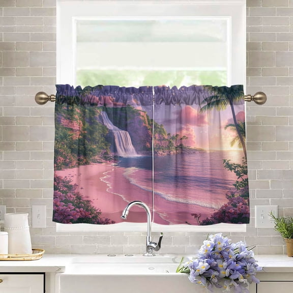BZSMCE Set of 2 Pieces Kitchen Window Curtain Fashion Tropical Twilight Oasis Printed 27x24in/27x36in