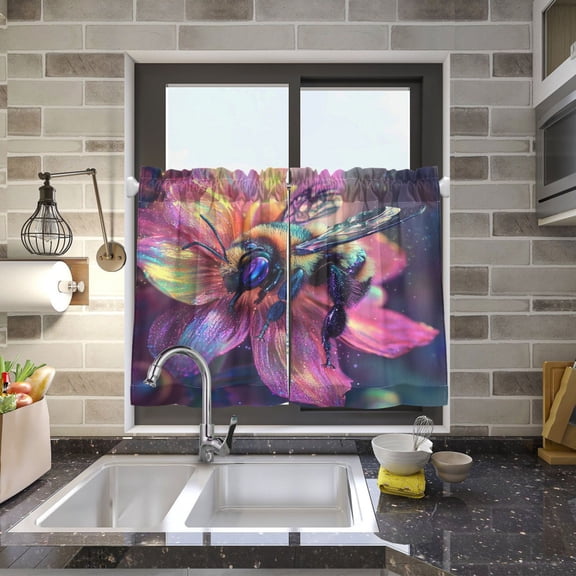 BZSMCE Set of 2 Pieces Kitchen Window Curtain Fashion Vibrant Bee on A Radiant Bloom Printed 27x24in/27x36in