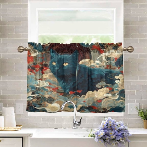 BZSMCE Set of 2 Pieces Kitchen Window Curtain Fashion Vibrant Floral Dark Cat Pattern 27x24in/27x36in