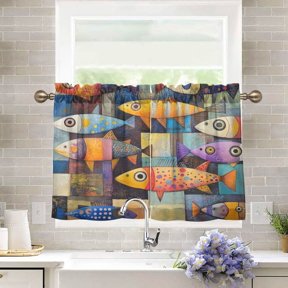 BZSMCE Set of 2 Pieces Kitchen Window Curtain Fashion Vibrant School Of Fish Printed 27x24in/27x36in