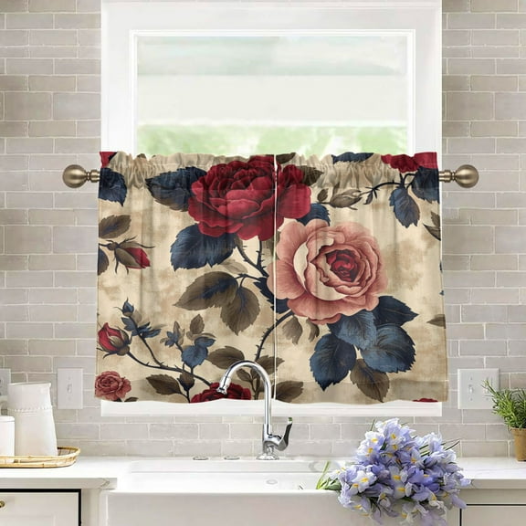 BZSMCE Set of 2 Pieces Kitchen Window Curtain Fashion Vintage Floral Elegance Printed 27x24in/27x36in