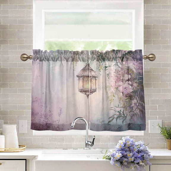 BZSMCE Set of 2 Pieces Kitchen Window Curtain Fashion Vintage Lamp with Flowers Printed 27x24in/27x36in
