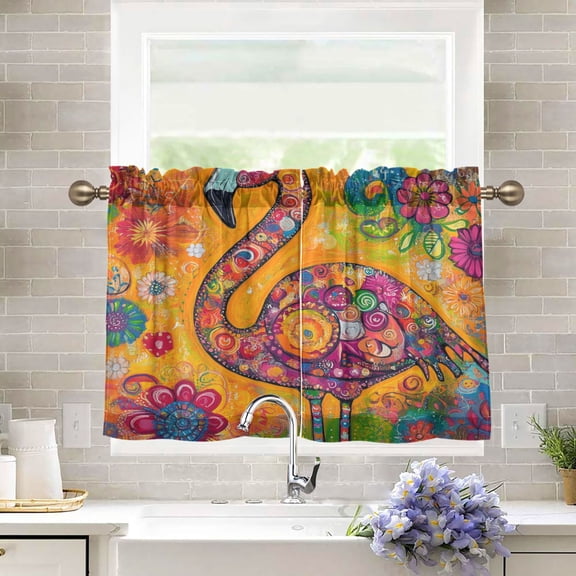 BZSMCE Set of 2 Pieces Kitchen Window Curtain Fashion Whimsical Flamingo Delight Printed 27x24in/27x36in