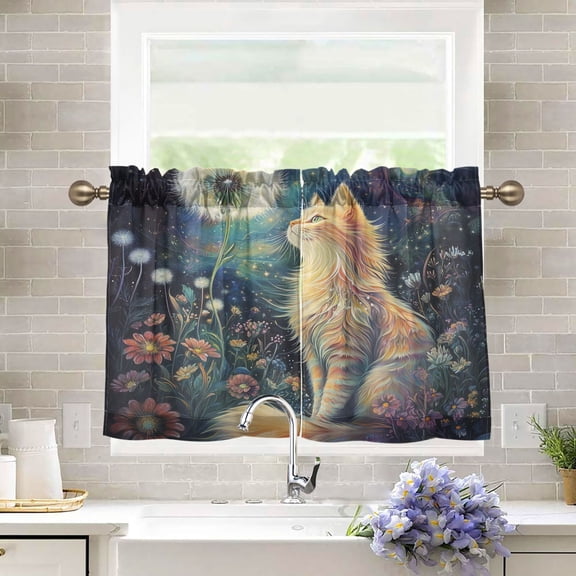 BZSMCE Set of 2 Pieces Kitchen Window Curtain Fashion Whimsical Whiskers in A Starry Garden Printed 27x24in/27x36in