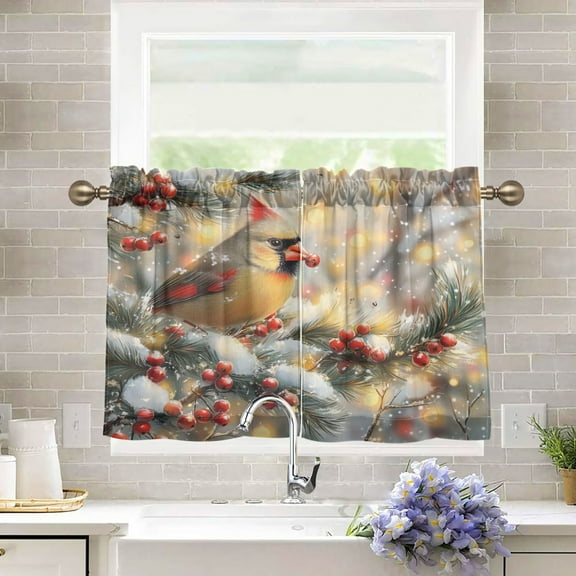 BZSMCE Set of 2 Pieces Kitchen Window Curtain Fashion Winter Cardinal Printed 27x24in/27x36in