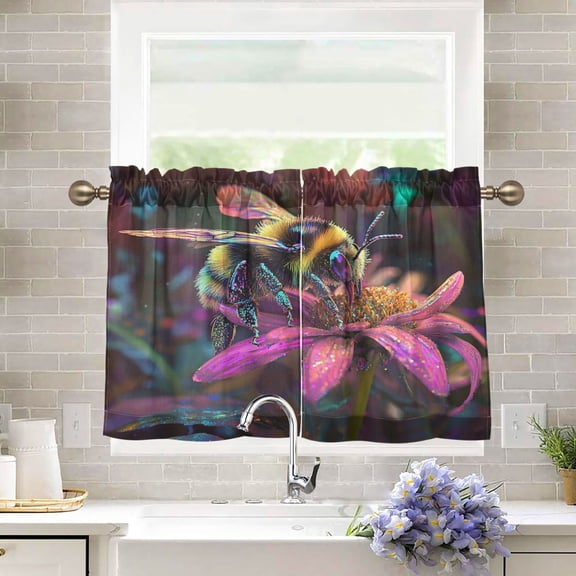 BZSMCE Set of 2 Pieces Kitchen Window Curtain Fashion "luminescent Bee on Vibrant Petals Printed 27x24in/27x36in
