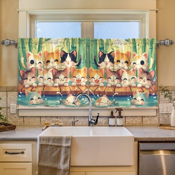 BZSMCE Set of 2 Pieces Window Curtains In Bamboo Edge Cats and Fishes Pattern 57x24in/57x36in