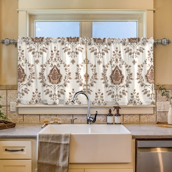 BZSMCE Set of 2 Pieces Window Curtains In Beige Brown Ornate Pattern 57x24in/57x36in