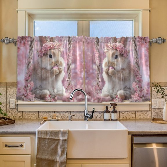 BZSMCE Set of 2 Pieces Window Curtains In Blossom Swing Bunny Pattern 57x24in/57x36in