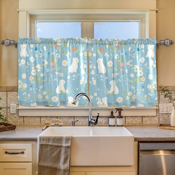BZSMCE Set of 2 Pieces Window Curtains In Blue Bear Floral Pattern 57x24in/57x36in