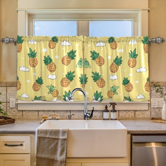 BZSMCE Set of 2 Pieces Window Curtains In Cat Pineapple Yellow Pattern 57x24in/57x36in