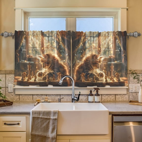 BZSMCE Set of 2 Pieces Window Curtains In Cat Sunshine Chess Pattern 57x24in/57x36in