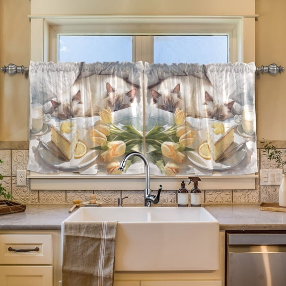 BZSMCE Set of 2 Pieces Window Curtains In Cats with Lemon Cake Pattern 57x24in/57x36in