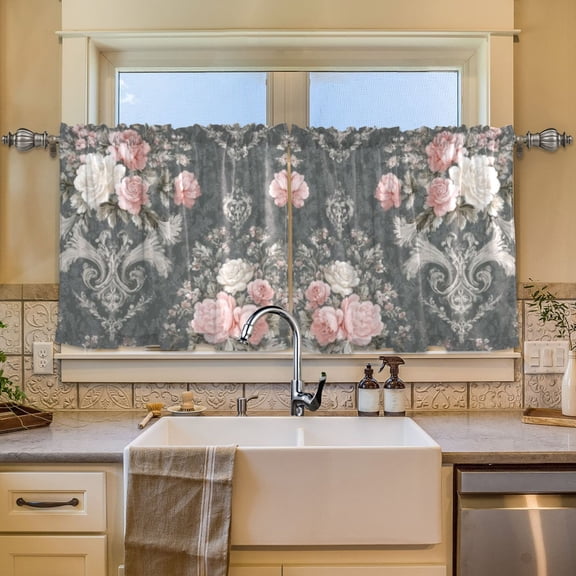 BZSMCE Set of 2 Pieces Window Curtains In Charcoal Gray Floral Pattern 57x24in/57x36in