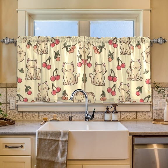 BZSMCE Set of 2 Pieces Window Curtains In Cherry Kitten Print Pattern 57x24in/57x36in