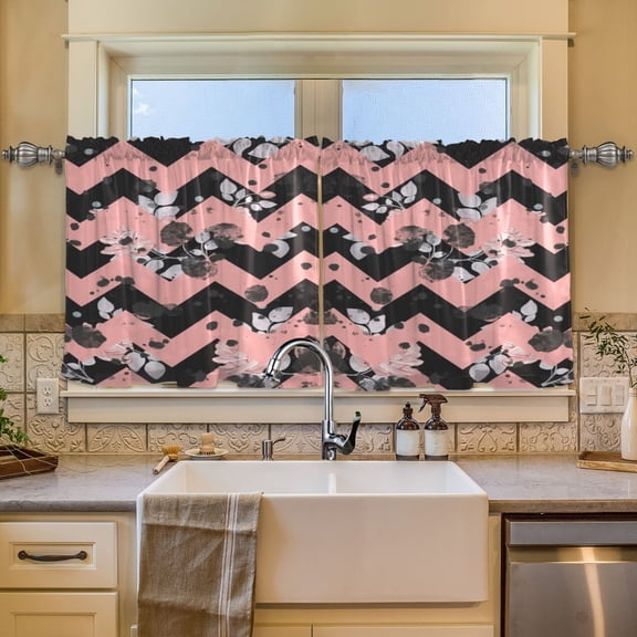 BZSMCE Set of 2 Pieces Window Curtains In Chevron and Floral Pink Pattern 57x24in/57x36in