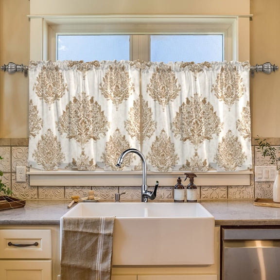 BZSMCE Set of 2 Pieces Window Curtains In Cream Gold Ornate Pattern 57x24in/57x36in
