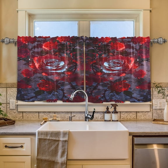 BZSMCE Set of 2 Pieces Window Curtains In Crimson Dark Roses Pattern 57x24in/57x36in