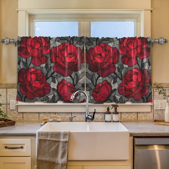 BZSMCE Set of 2 Pieces Window Curtains In Crimson Rose Noir Pattern 57x24in/57x36in