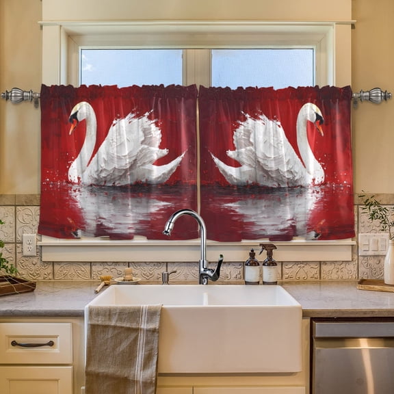 BZSMCE Set of 2 Pieces Window Curtains In Crimson Waters Swan Pattern 57x24in/57x36in