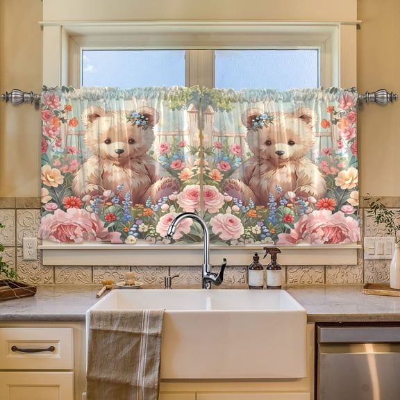 BZSMCE Set of 2 Pieces Window Curtains In Floral Garden Bear Pattern 57x24in/57x36in