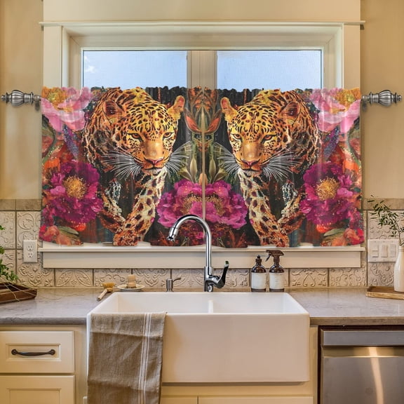 BZSMCE Set of 2 Pieces Window Curtains In Fuchsia Bloom Leopard Pattern 57x24in/57x36in