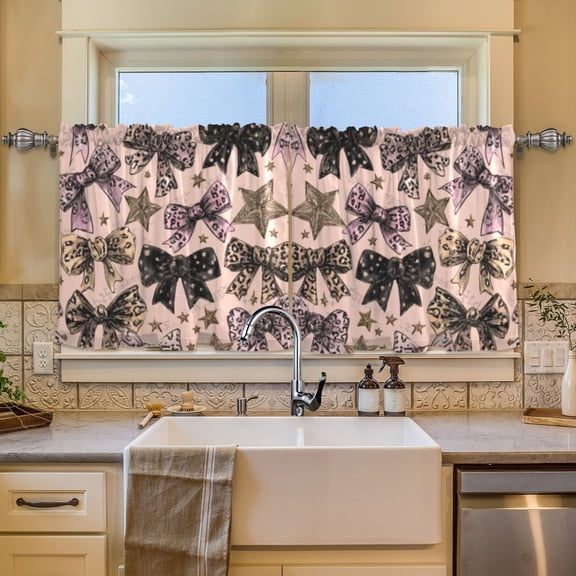 BZSMCE Set of 2 Pieces Window Curtains In Gilded Bow Leopard Star Pattern 57x24in/57x36in