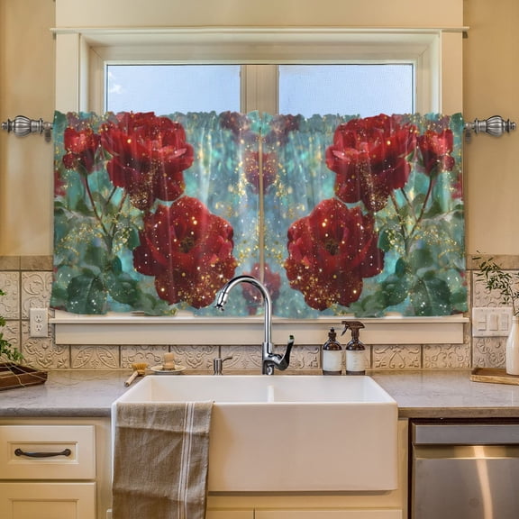 BZSMCE Set of 2 Pieces Window Curtains In Glittered Red Roses Pattern 57x24in/57x36in